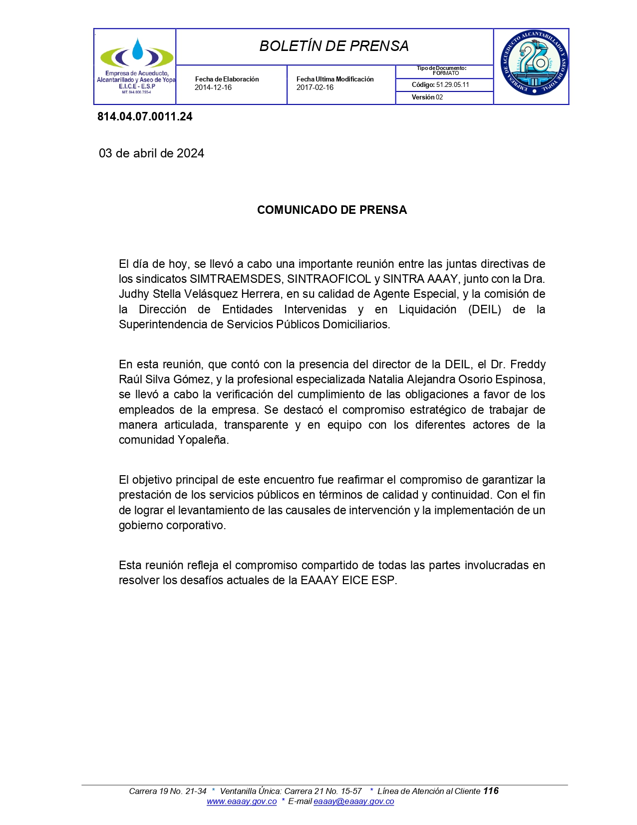 Verificación del cumplimiento de las obligaciones a favor de los empleados de la EAAAY EICE ESP 