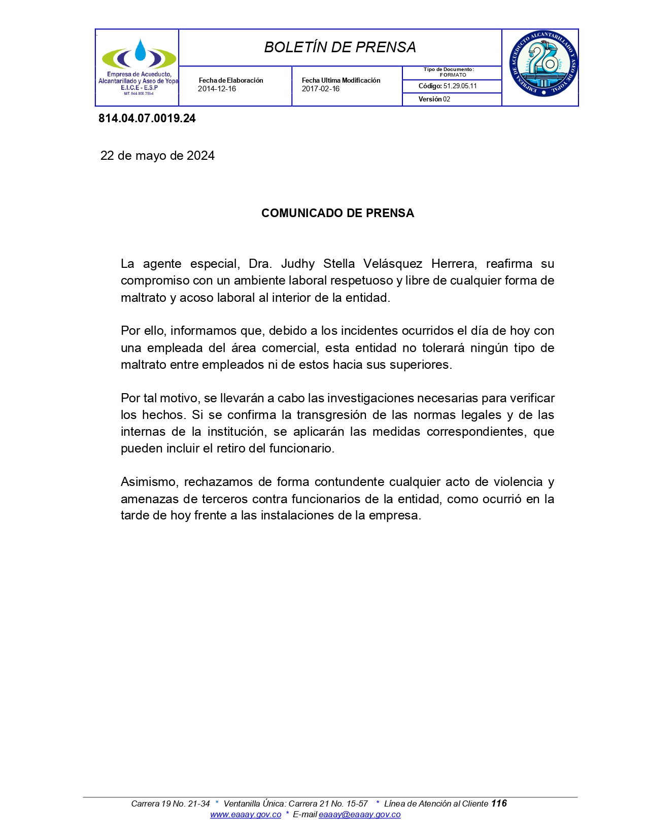 RECHAZO A TODA FORMA DE MALTRATO Y ACOSO LABORAL AL INTERIOR DE LA ENTIDAD