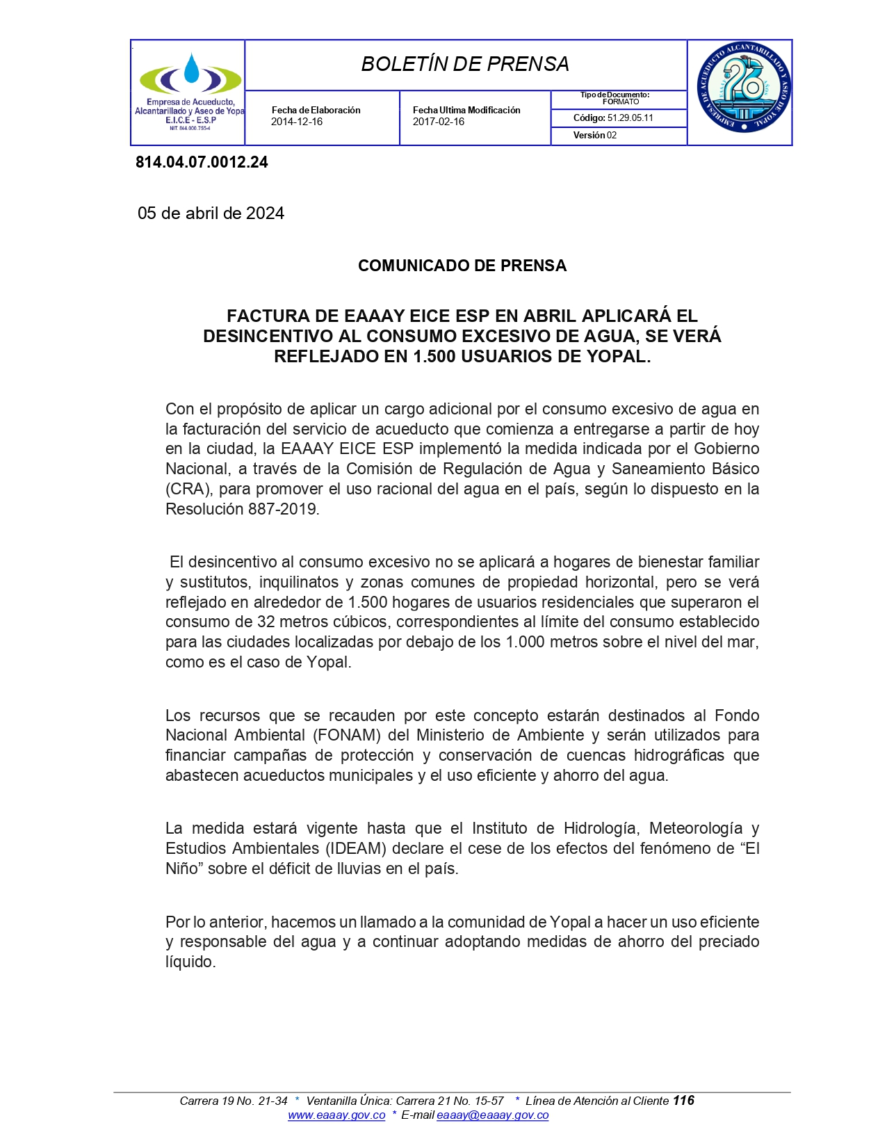 FACTURA DE EAAAY EICE ESP EN ABRIL APLICARÁ EL DESINCENTIVO AL CONSUMO EXCESIVO DE AGUA